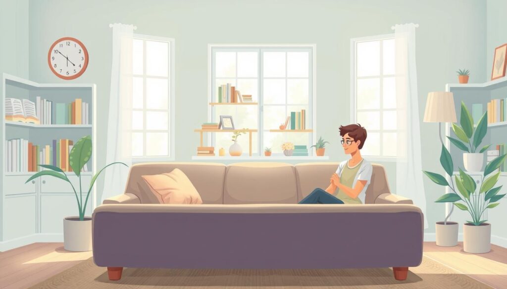 A warm therapy room with a soft sofa, used for inner-child work