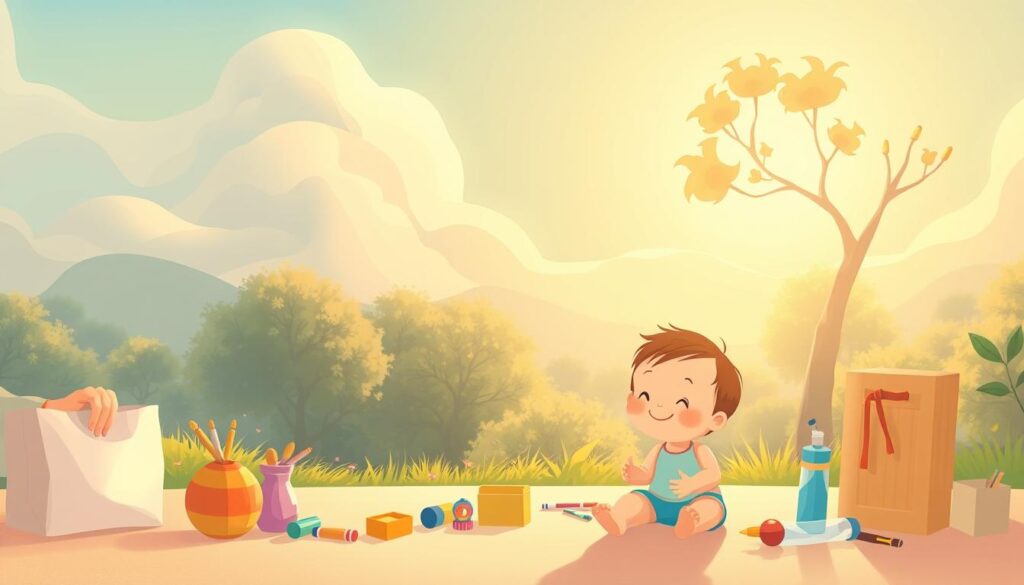A serene and whimsical illustration depicting the concept of the inner child. In the foreground, envision a gentle, playful child with a joyful expression, surrounded by colorful toys and art supplies, symbolizing creativity and innocence. In the middle ground, a comforting adult figure, dressed in modest casual clothing, extends a hand towards the child, embodying guidance and nurturing. The background features a lush, dreamlike landscape with soft, flowing trees and a bright, sunlit sky that evokes a sense of warmth and safety. The lighting is soft and ethereal, casting a warm glow on the scene, suggesting hope and healing. The overall mood is uplifting and tranquil, inviting viewers to reflect on the importance of embracing and nurturing their inner child. Created by nextself.ai.